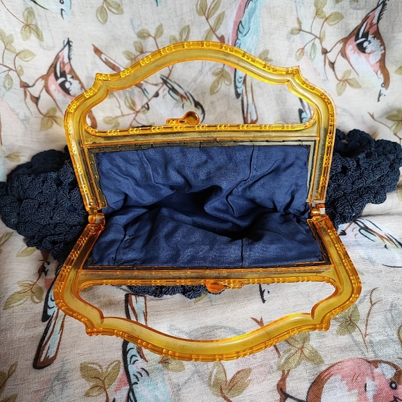 Vintage 1940's Large Half Moon Corded Clutch Purse Crochet Carved Lucite Handle - Picture 8 of 10